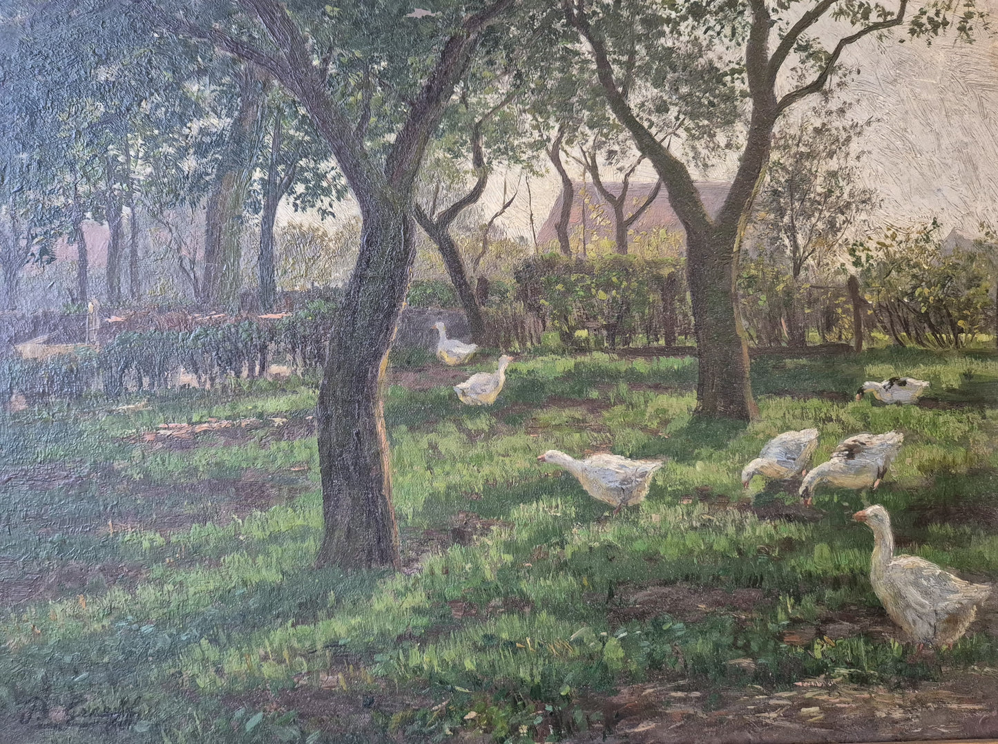 Gemälde Landschaft Antik Gänse Bauernhof Peter Greeff (1865-1939) 38x48cm