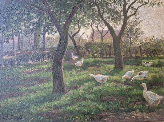 Gemälde Landschaft Antik Gänse Bauernhof Peter Greeff (1865-1939) 38x48cm