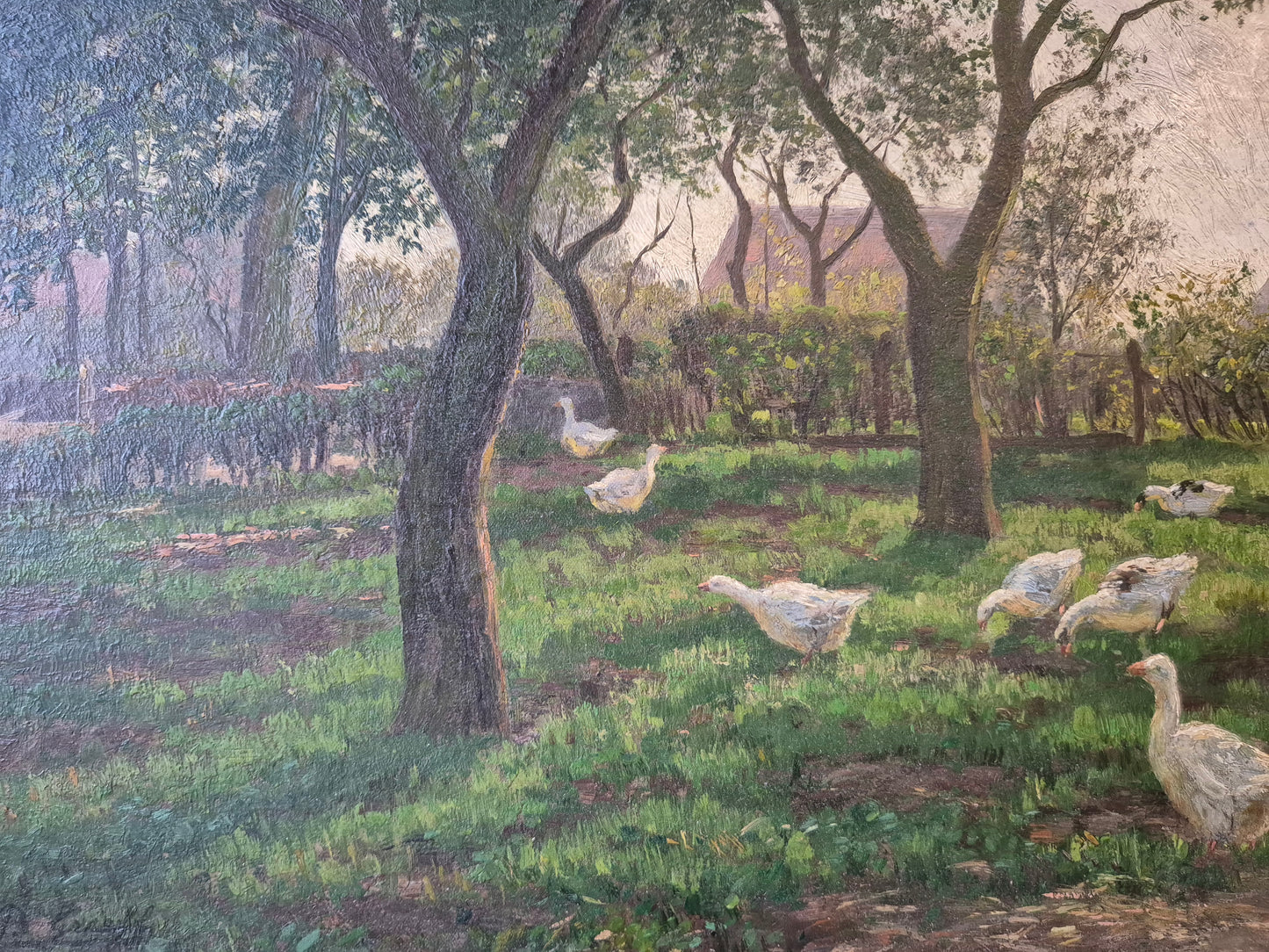 Gemälde Landschaft Antik Gänse Bauernhof Peter Greeff (1865-1939) 38x48cm