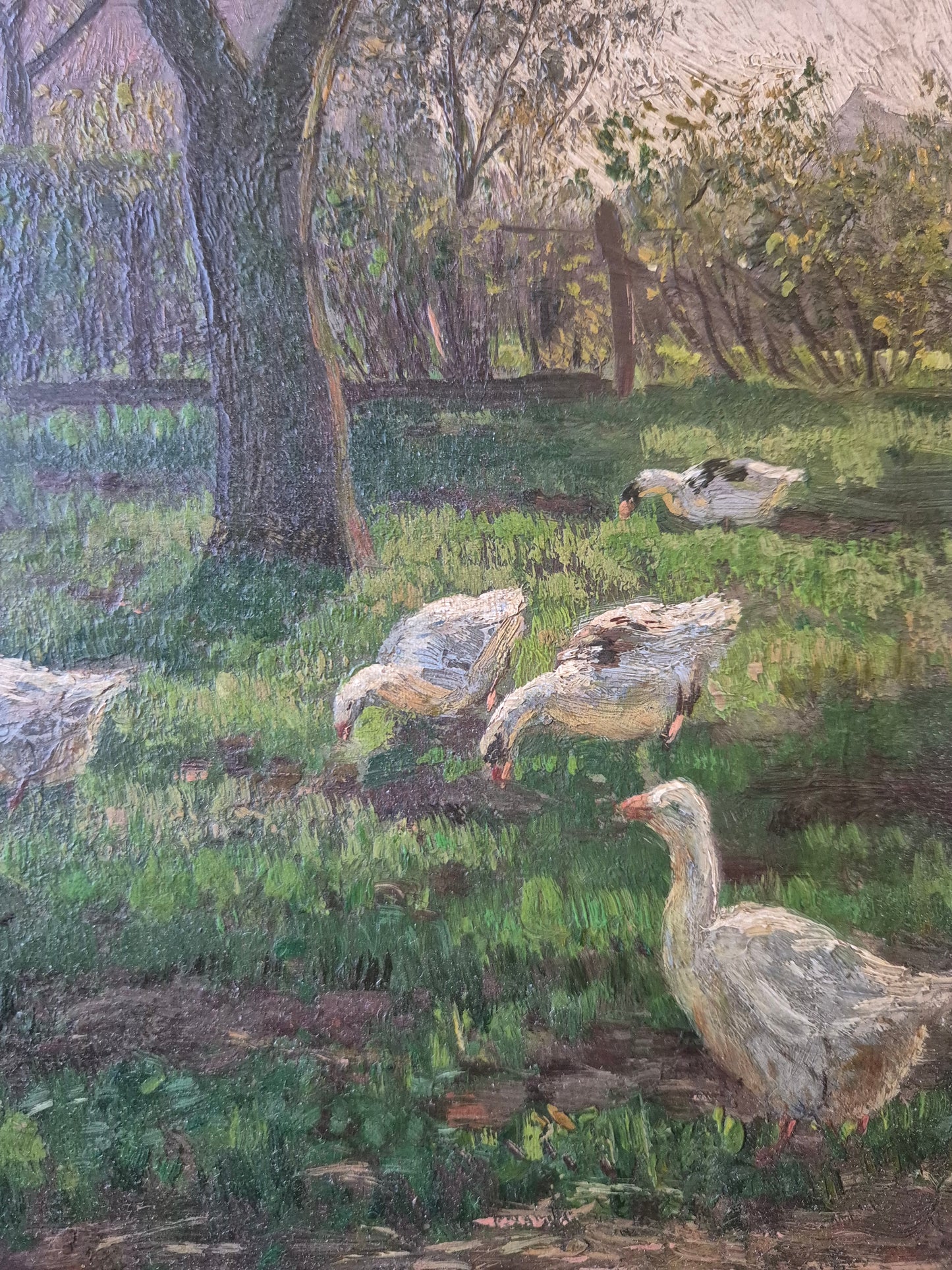Gemälde Landschaft Antik Gänse Bauernhof Peter Greeff (1865-1939) 38x48cm