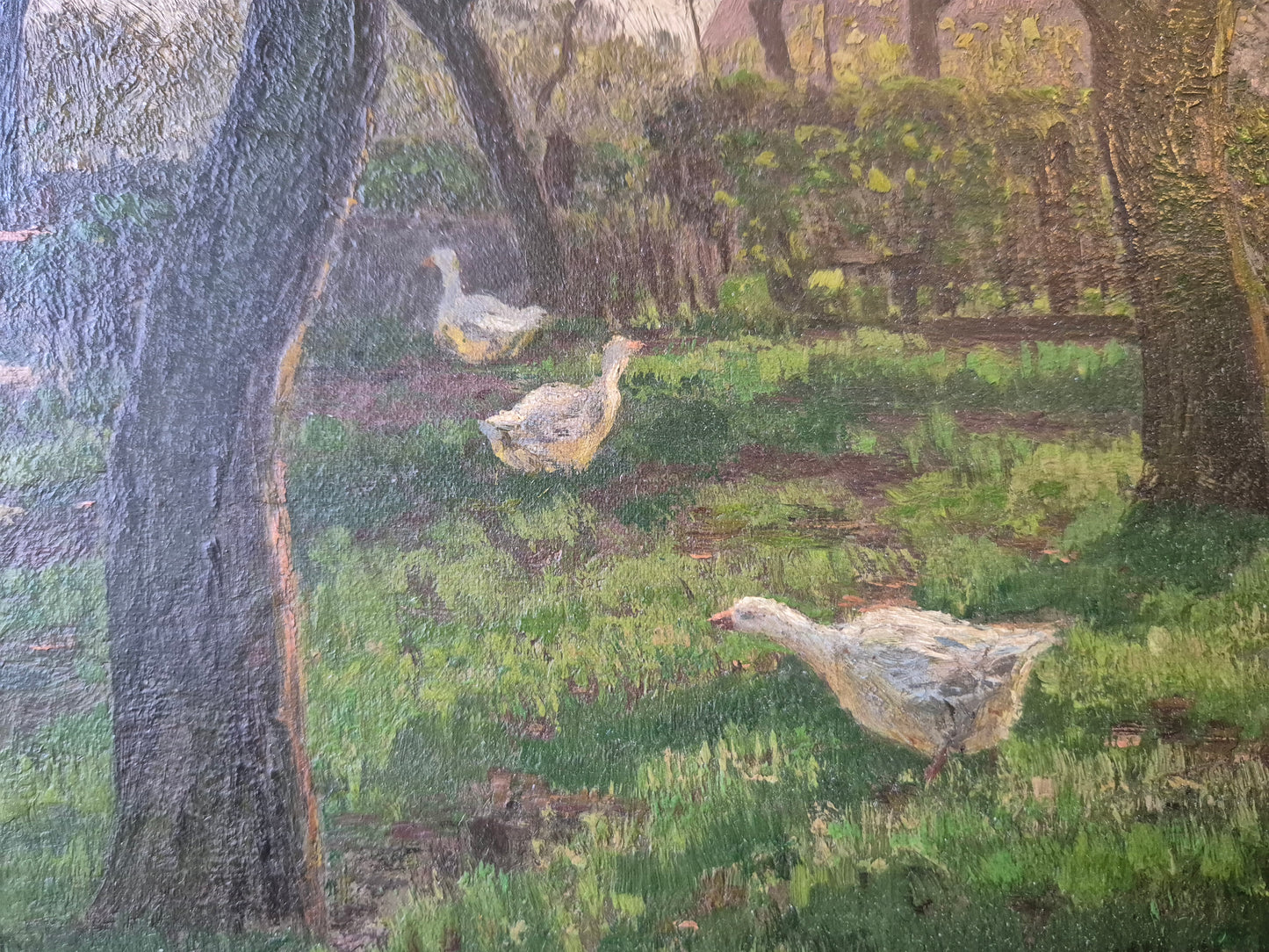 Gemälde Landschaft Antik Gänse Bauernhof Peter Greeff (1865-1939) 38x48cm