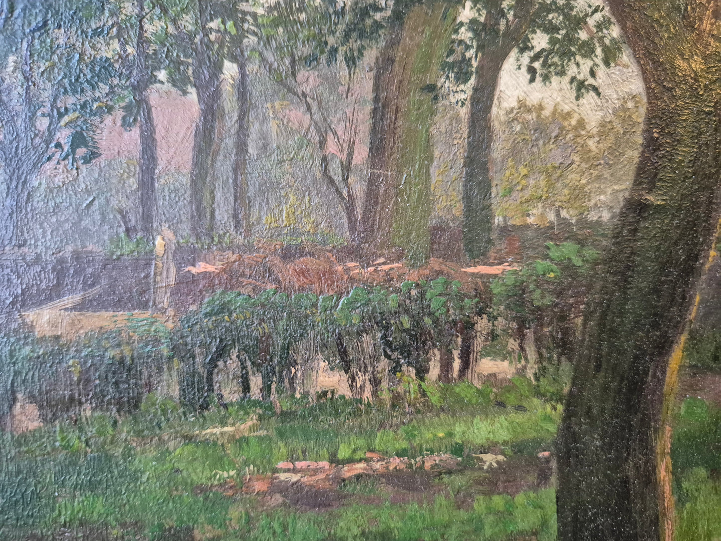 Gemälde Landschaft Antik Gänse Bauernhof Peter Greeff (1865-1939) 38x48cm