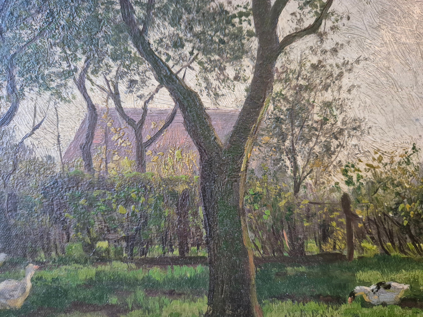 Gemälde Landschaft Antik Gänse Bauernhof Peter Greeff (1865-1939) 38x48cm