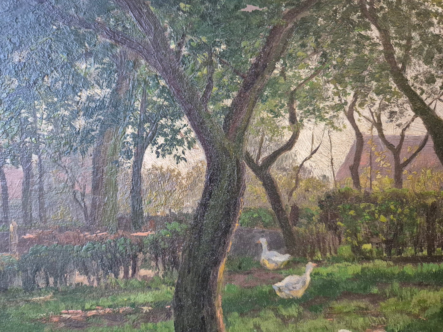 Gemälde Landschaft Antik Gänse Bauernhof Peter Greeff (1865-1939) 38x48cm