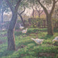 Gemälde Landschaft Antik Gänse Bauernhof Peter Greeff (1865-1939) 38x48cm