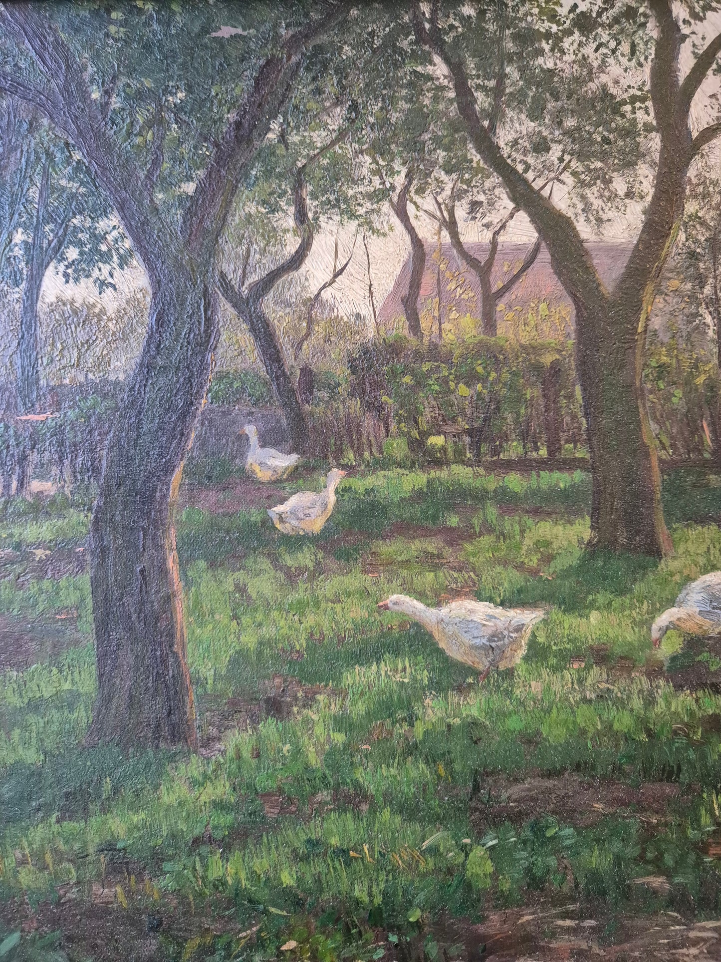 Gemälde Landschaft Antik Gänse Bauernhof Peter Greeff (1865-1939) 38x48cm