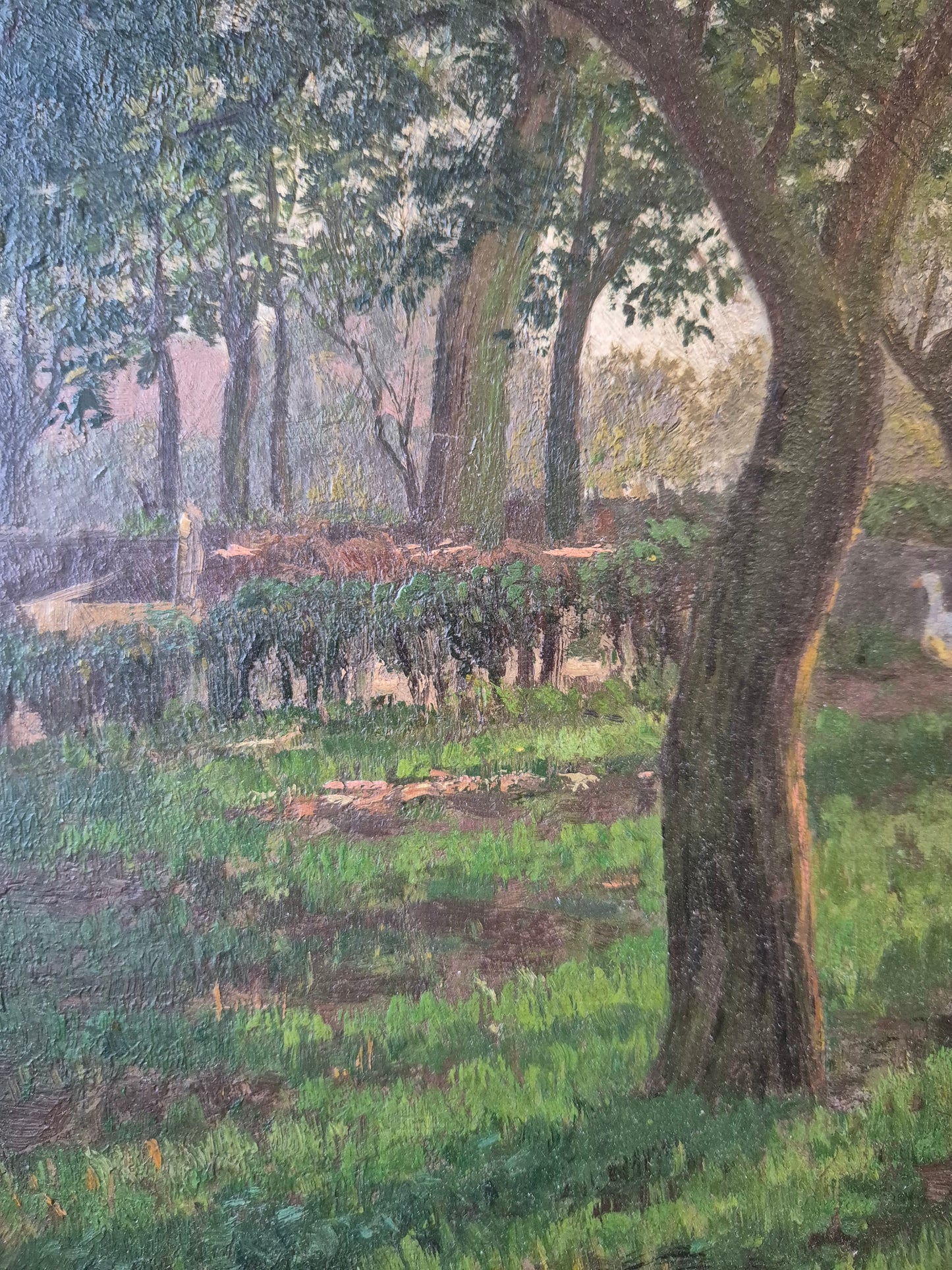 Gemälde Landschaft Antik Gänse Bauernhof Peter Greeff (1865-1939) 38x48cm