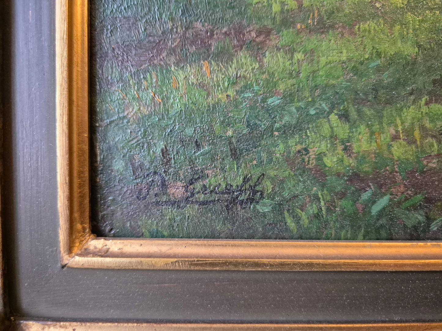 Gemälde Landschaft Antik Gänse Bauernhof Peter Greeff (1865-1939) 38x48cm