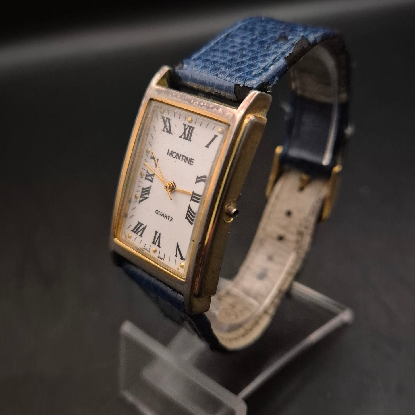 Vintage Montine Damen Uhr – Rechteckiges Gehäuse & Blaues Leder