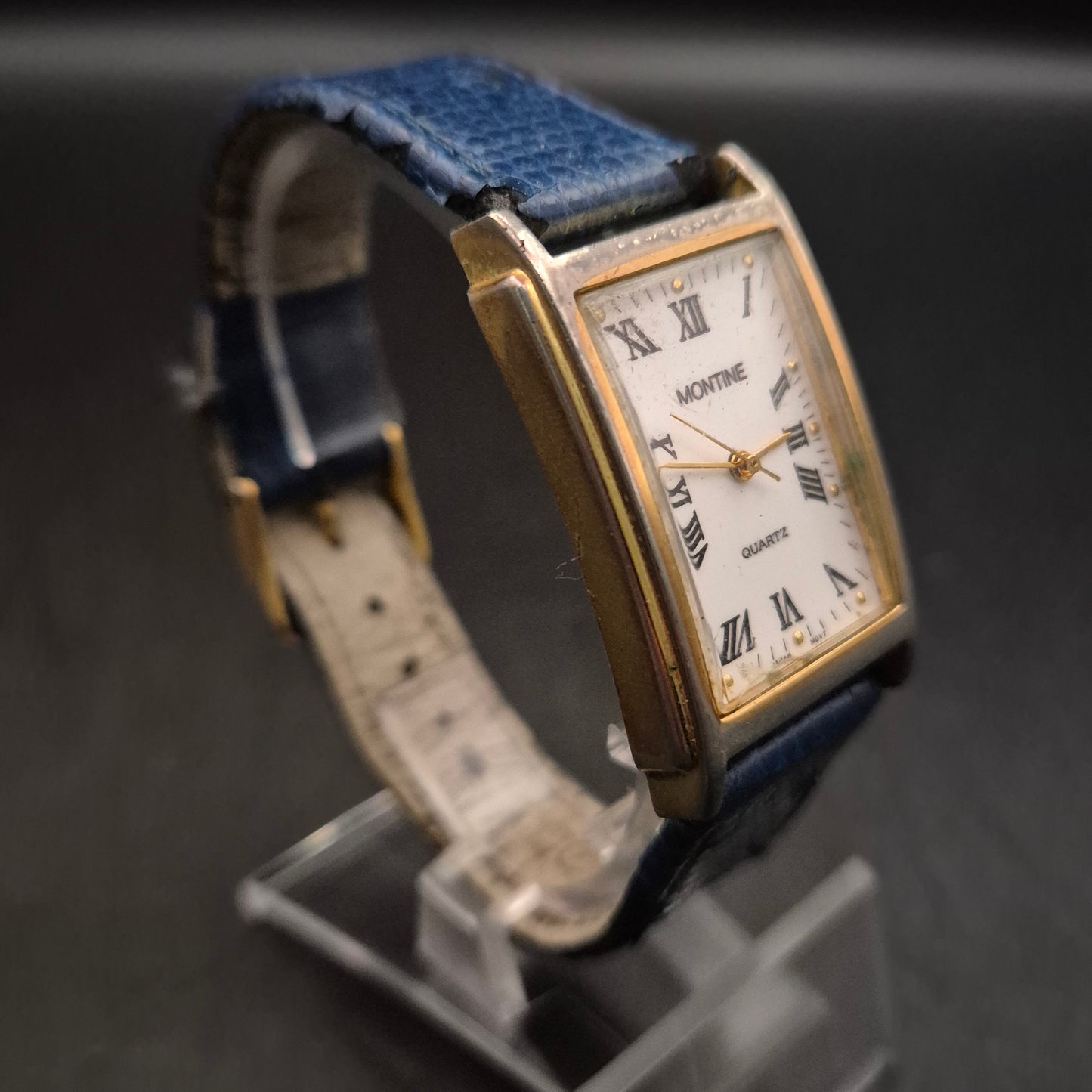 Vintage Montine Damen Uhr – Rechteckiges Gehäuse & Blaues Leder