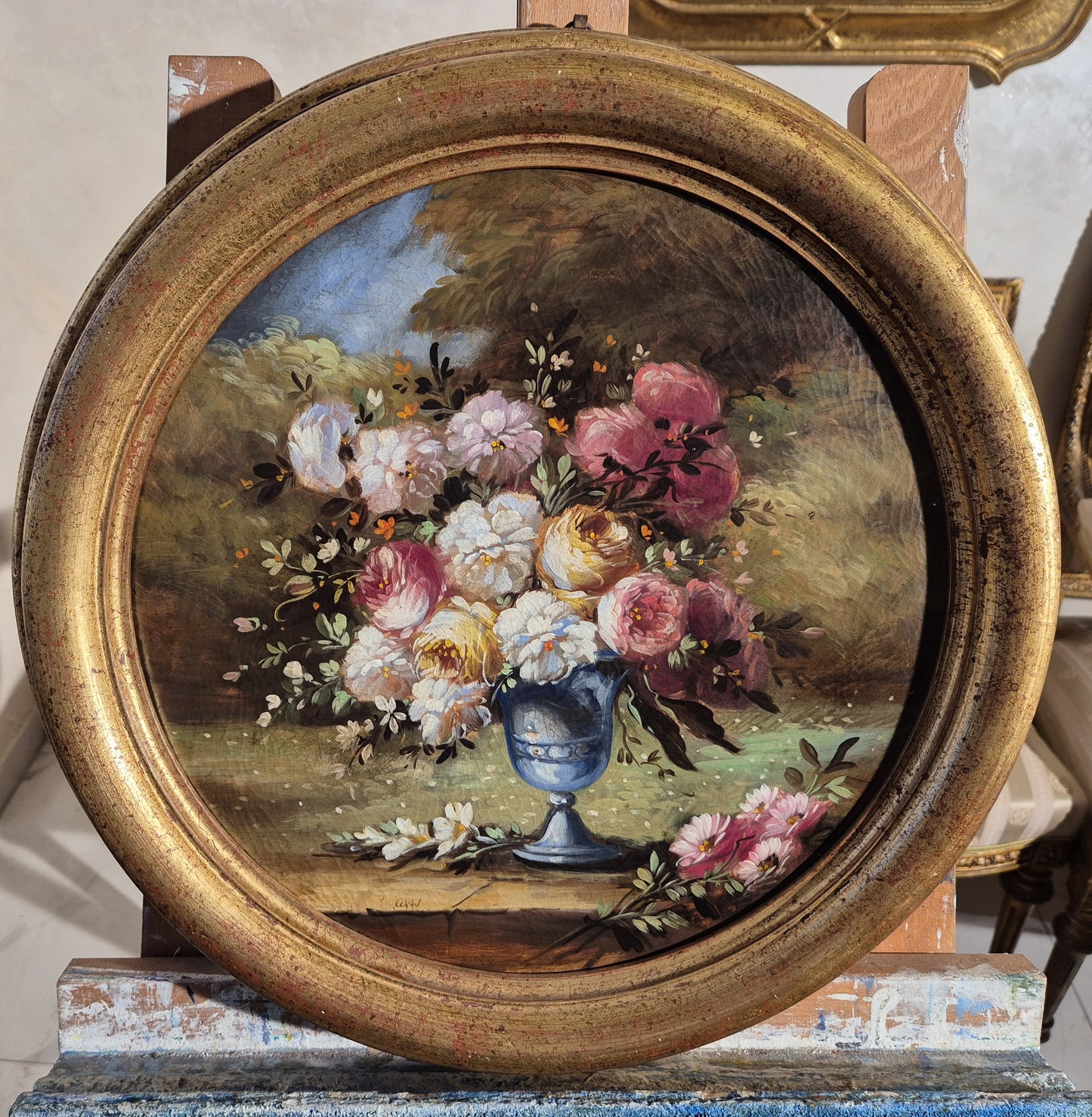 Ölgemälde Stillleben Blumen Handsigniert Italienische Schule (XX) 47x47cm