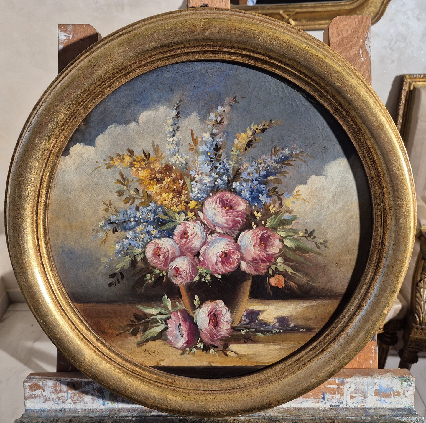 Ölgemälde Stillleben Pfingstrosenstrauß Handsigniert Italienische Schule (XX) 47x47