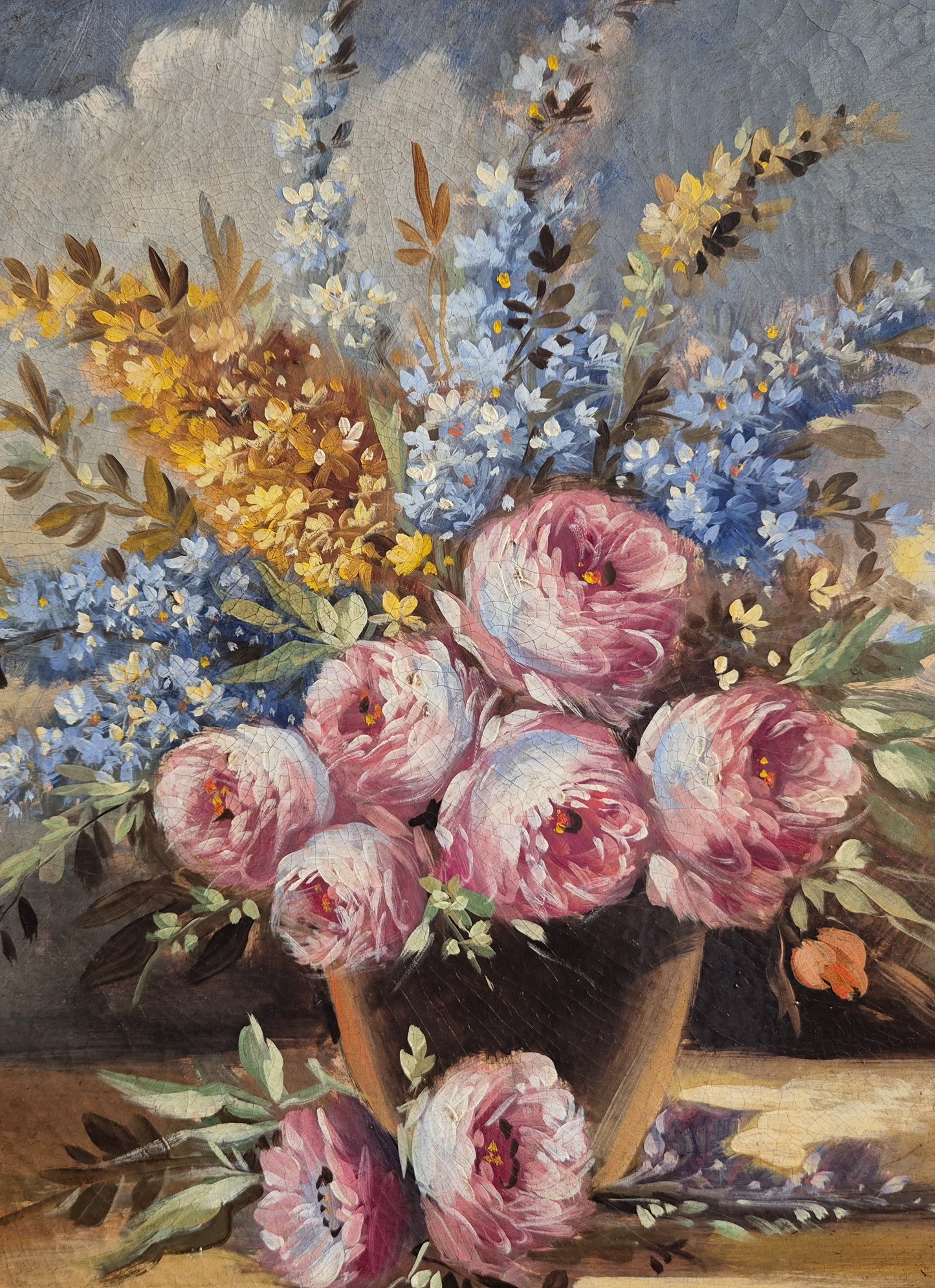 Ölgemälde Stillleben Pfingstrosenstrauß Handsigniert Italienische Schule (XX) 47x47