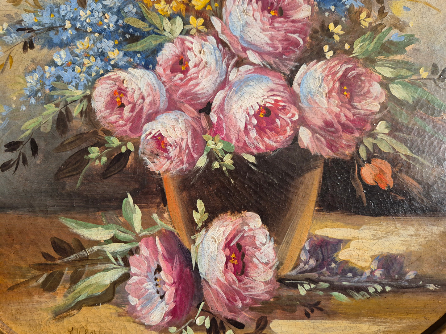 Ölgemälde Stillleben Pfingstrosenstrauß Handsigniert Italienische Schule (XX) 47x47