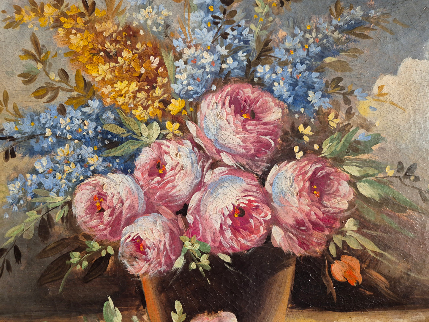 Ölgemälde Stillleben Pfingstrosenstrauß Handsigniert Italienische Schule (XX) 47x47