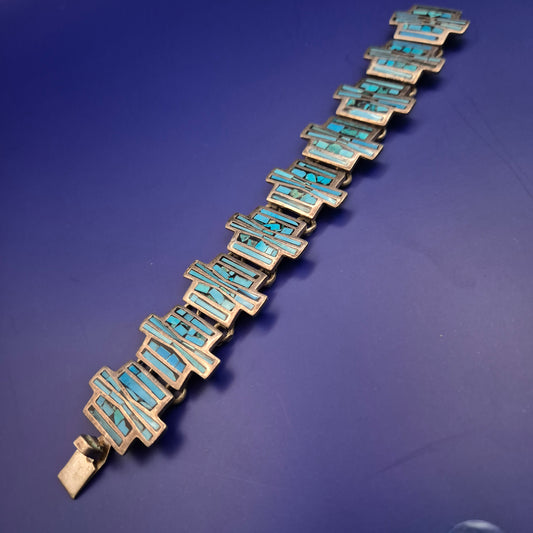 Silbernes Glieder-Armband – Türkis Inlay im Maze-Design