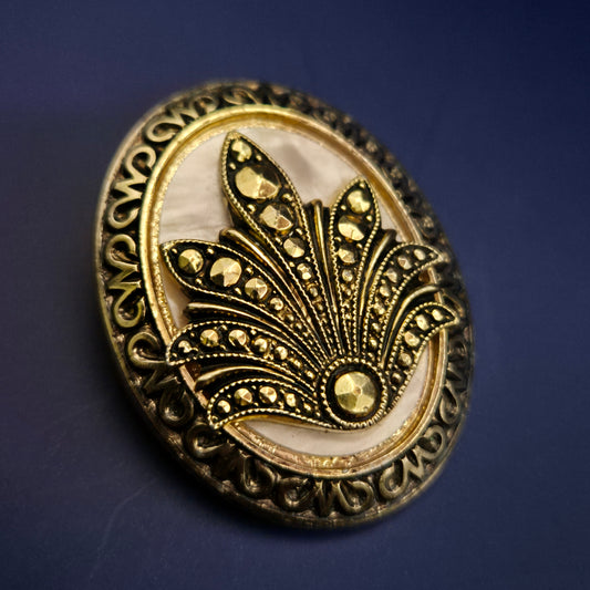 Vintage Brosche – Jugendstil-Fächer in Gold & Perlmutt