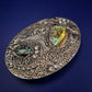 Große Vintage Brosche – Abalone & Strass auf Antik-Silberoptik