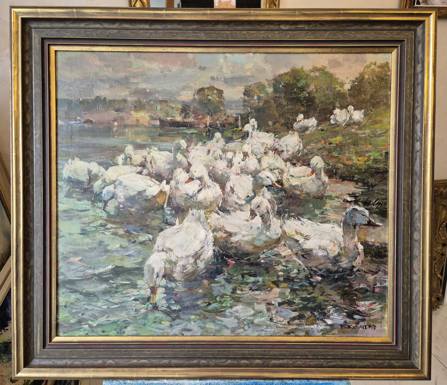 Fritz Klaiberg (1921-1998) Ölgemälde Entengruppe am See 74x84cm
