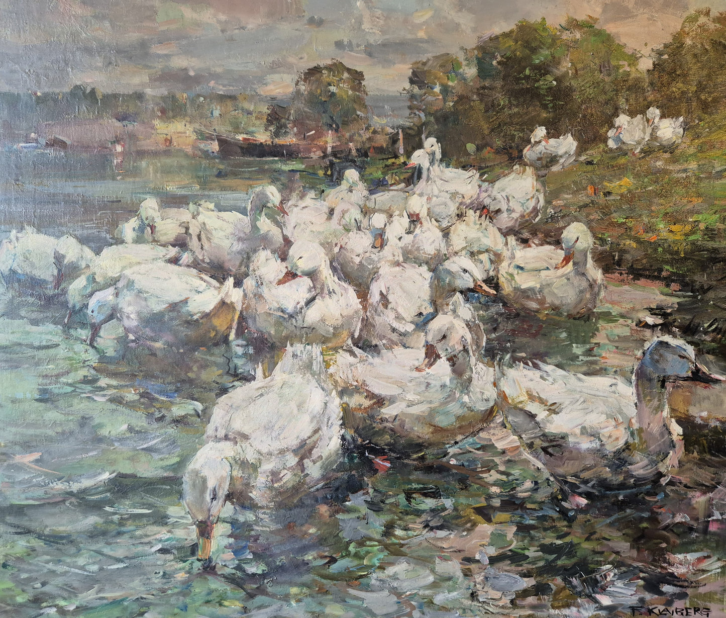 Fritz Klaiberg (1921-1998) Ölgemälde Entengruppe am See 74x84cm