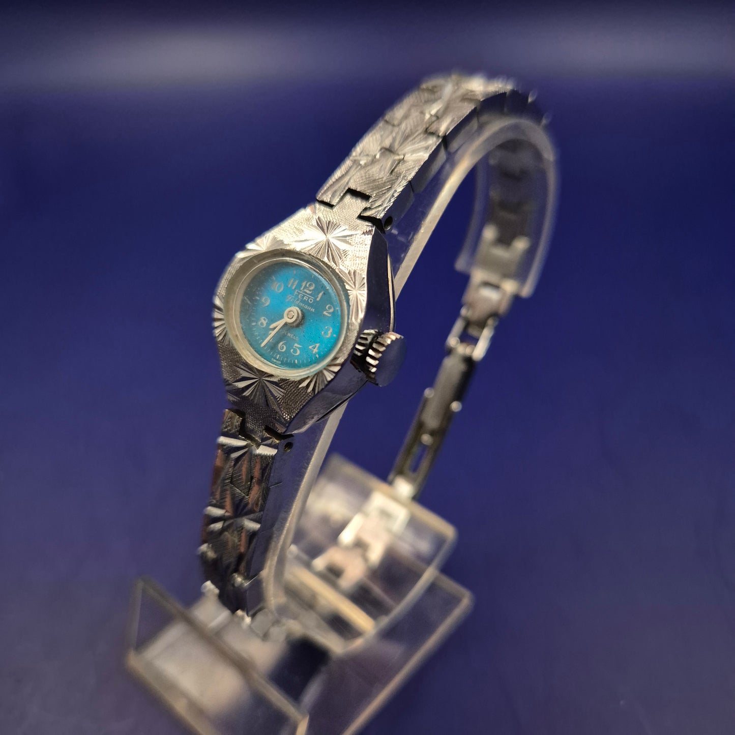 Vintage Fero Feldmann Damen Uhr – Funkelndes Design mit blauem Zifferblatt