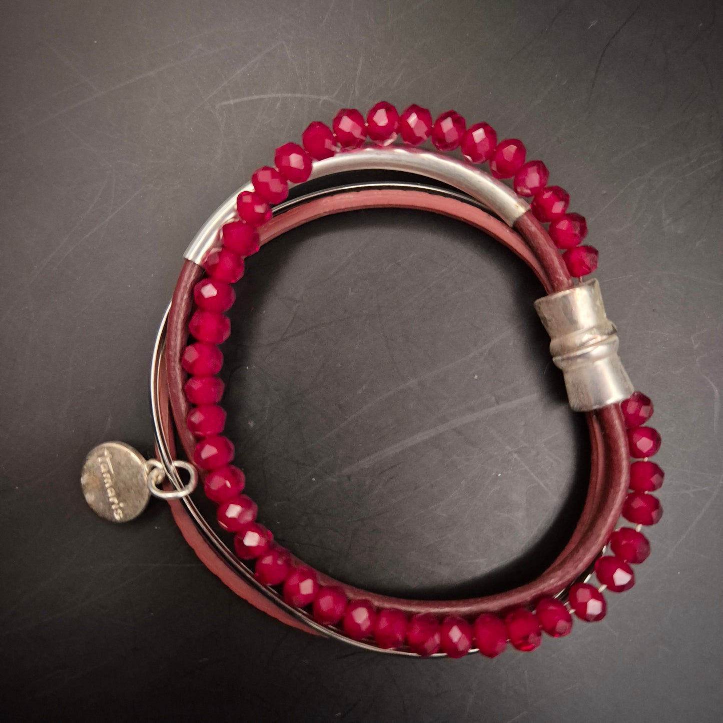 Stilvolles Tamaris Wickelarmband – Pinkfarbene Perlen & Lederoptik