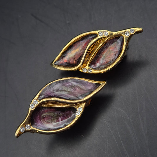 Elegante Blatt-Ohrclips mit Emaille und Kristallen – Vintage Stil Damen Ohrringe