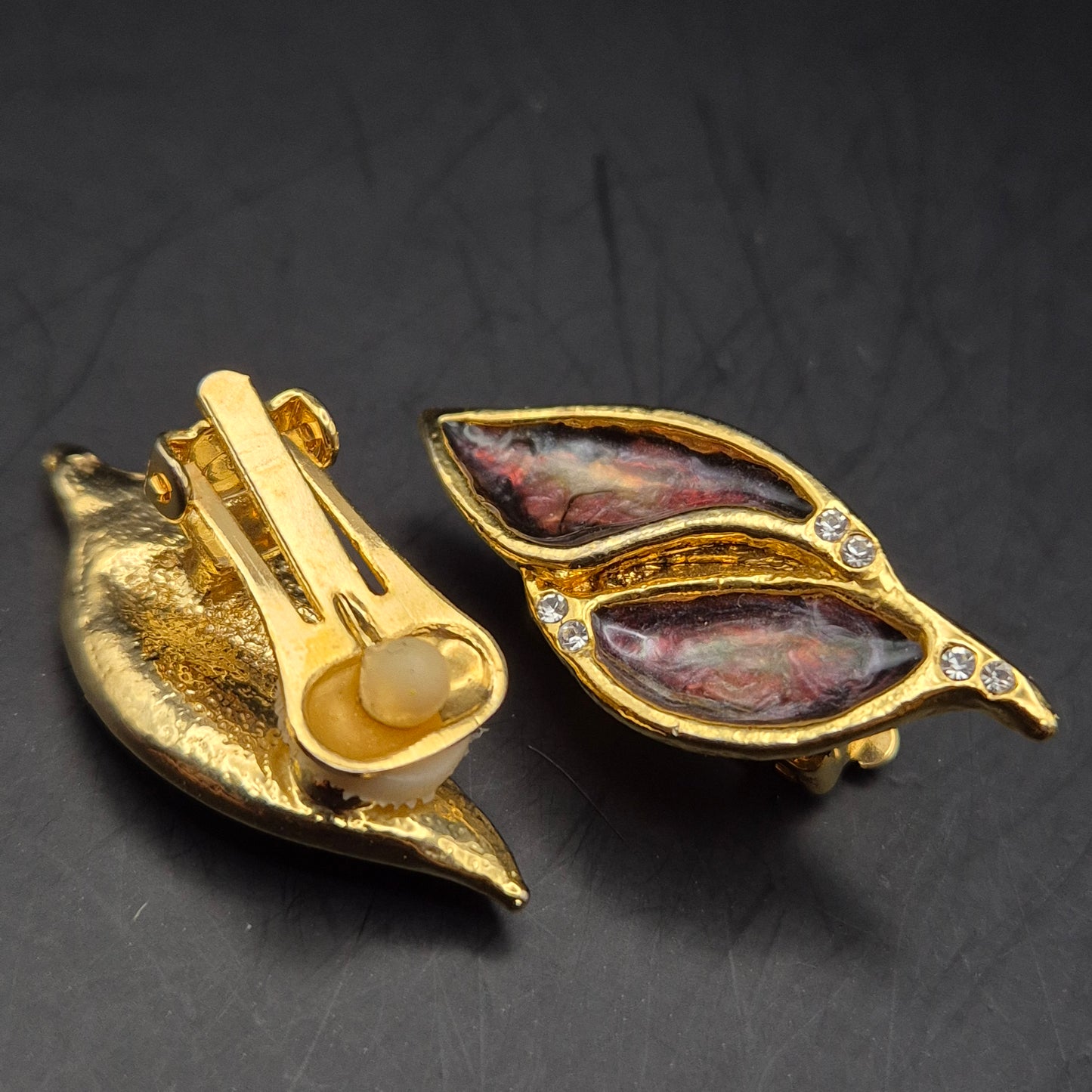 Elegante Blatt-Ohrclips mit Emaille und Kristallen – Vintage Stil Damen Ohrringe