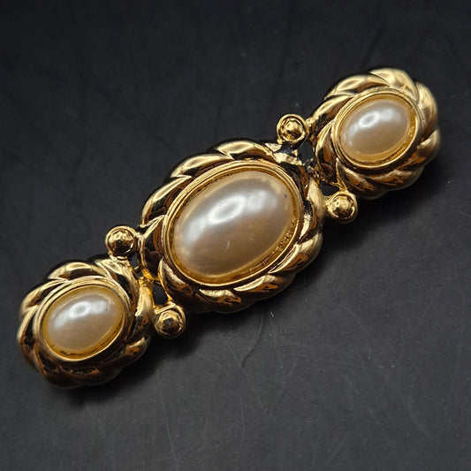 Elegante Vintage Damen Brosche – Goldfarben mit Drei Perlen-Imitaten