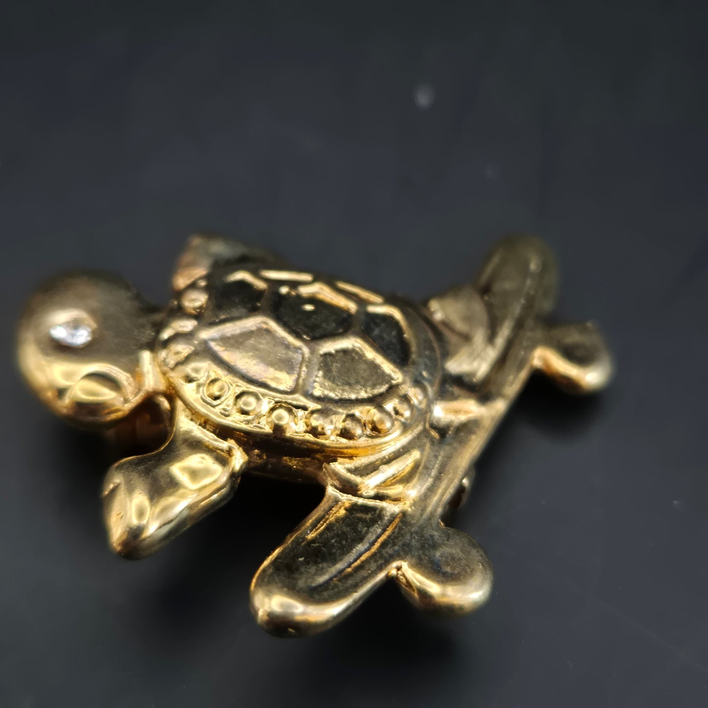 Verspielte Schildkröte auf Skateboard – Goldfarbene Brosche mit Kristall-Auge