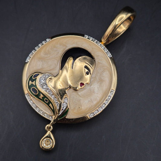 Elegante Damen Brosche & Anhänger – Art Déco Porträt mit Emaille und Strass