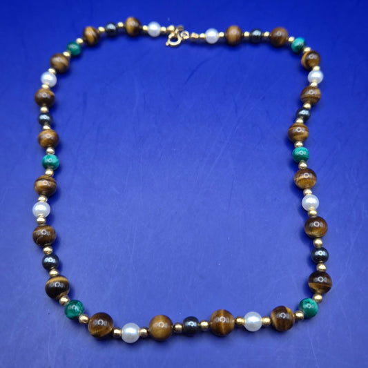 Edle Perlen und Edelstein Damen Kette – Tigerauge & Malachit Design