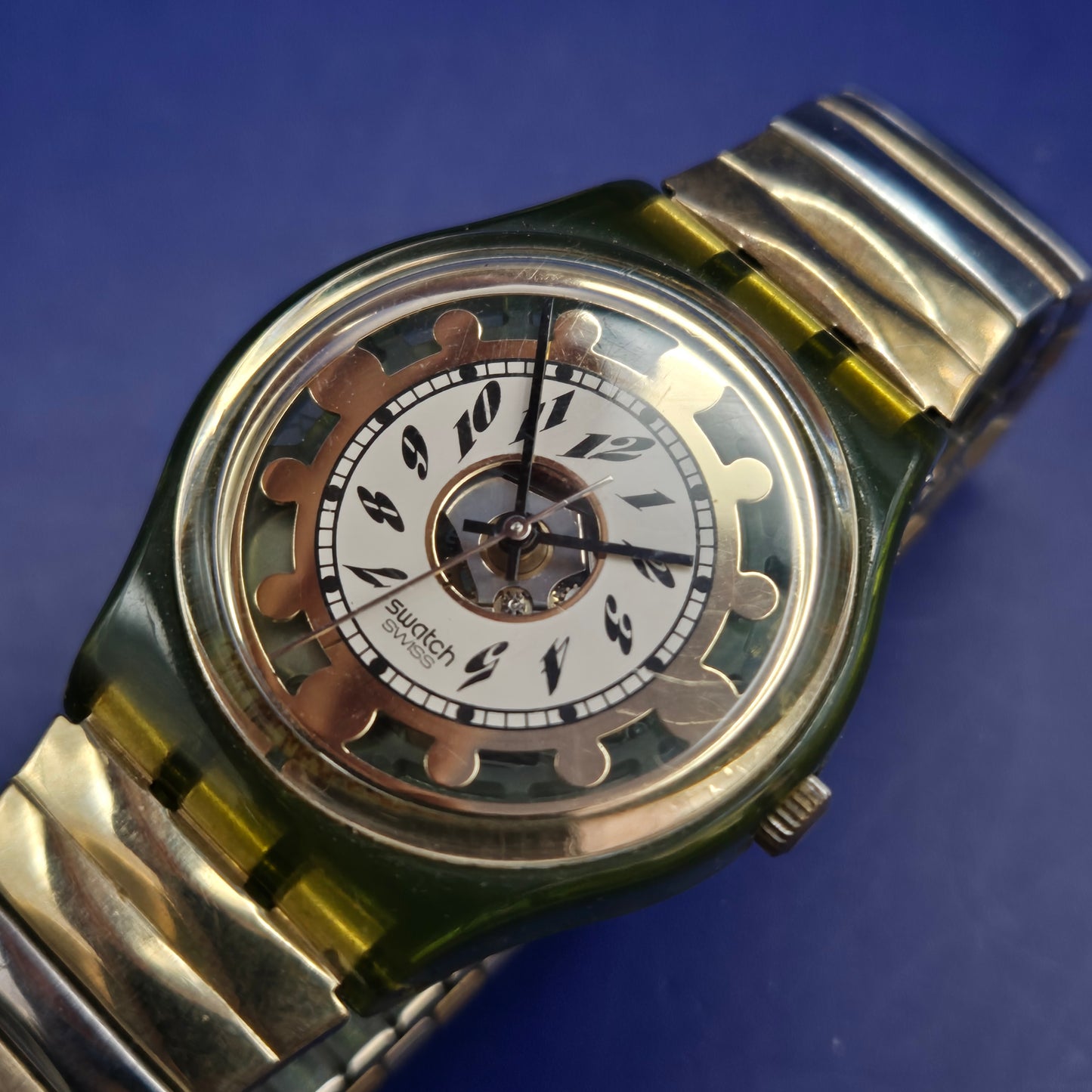 Vintage Swatch Golden Gear Herren Uhr – Transparentes Design mit Goldakzenten