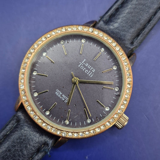 Elegante Laura Torelli Damen Uhr mit Glitzersteinen und dunklem Zifferblatt