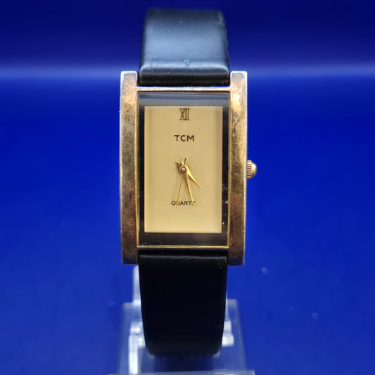 Klassische TCM Damen Uhr in Gold & Schwarz – Elegantes Rechteck Design