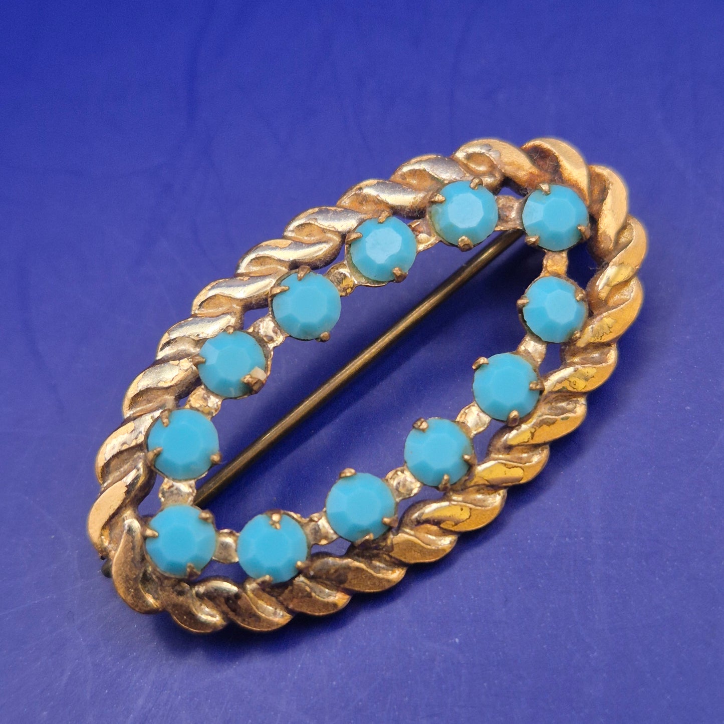 Vintage Damen Brosche Goldfarben mit Türkisblauen Steinen