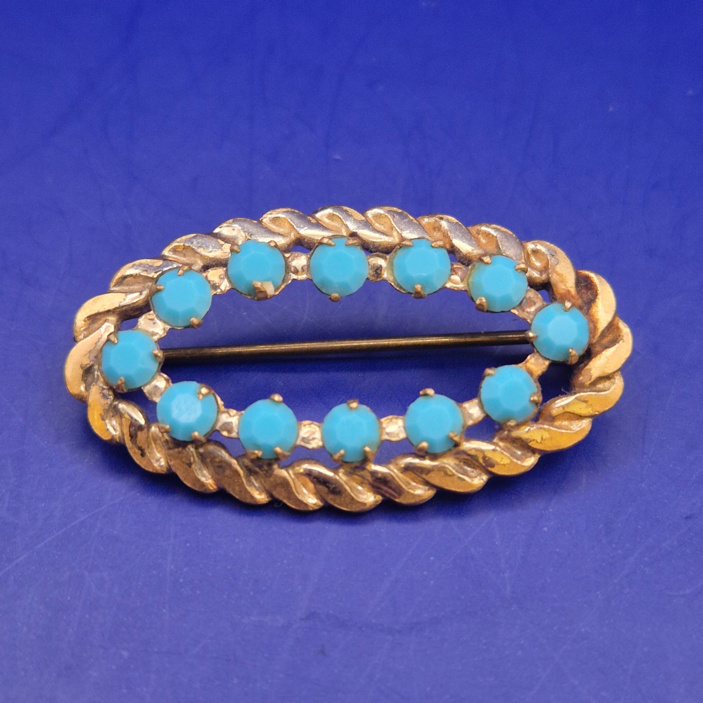 Vintage Damen Brosche Goldfarben mit Türkisblauen Steinen