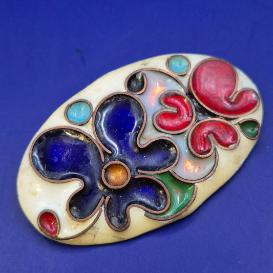 Farbenfrohe Vintage Cloisonné Brosche – Florales Emaille Design
