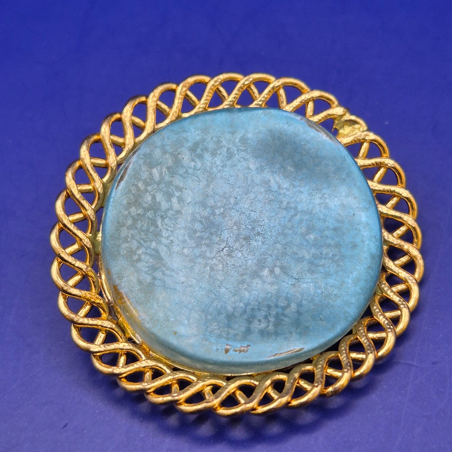Vintage Brosche Blau Goldfarben Rund Zierlich Damen Accessoire