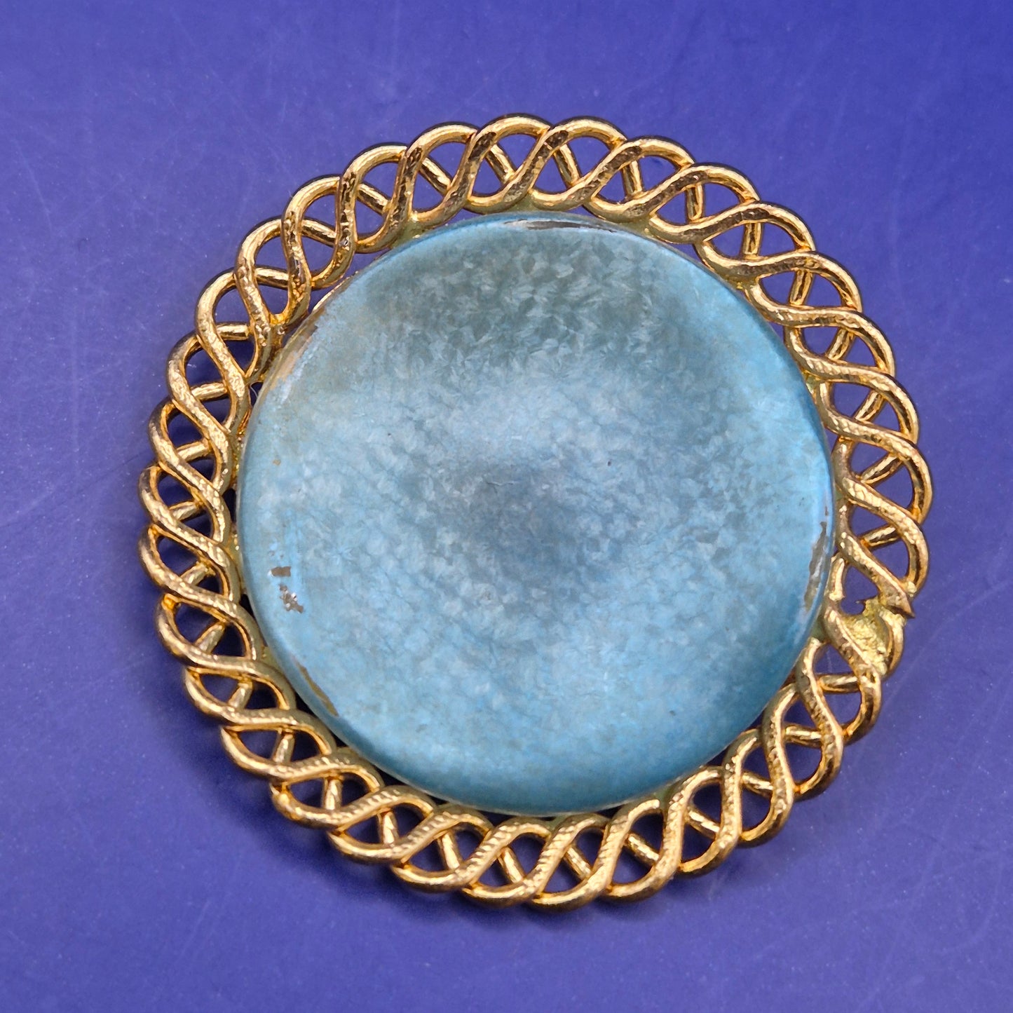 Vintage Brosche Blau Goldfarben Rund Zierlich Damen Accessoire