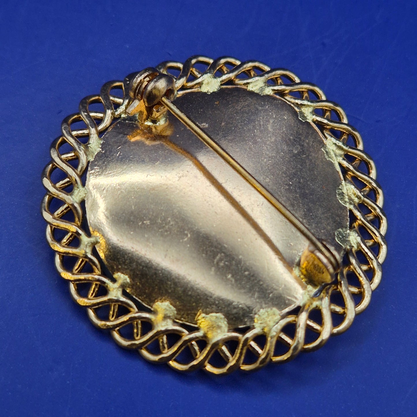 Vintage Brosche Blau Goldfarben Rund Zierlich Damen Accessoire
