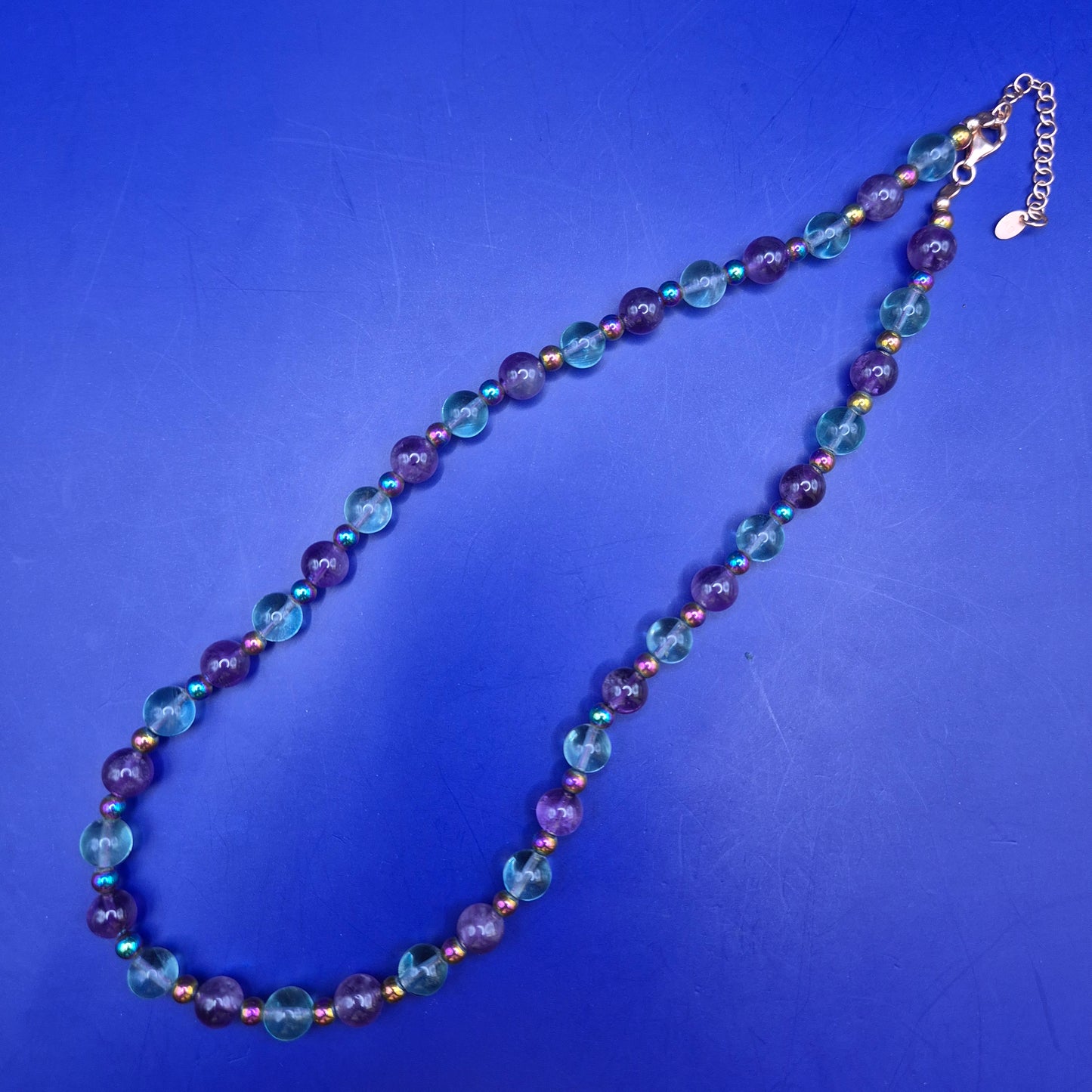 Vintage Kette mit Amethyst und Fluorit Perlen 925 Silber Verschluss