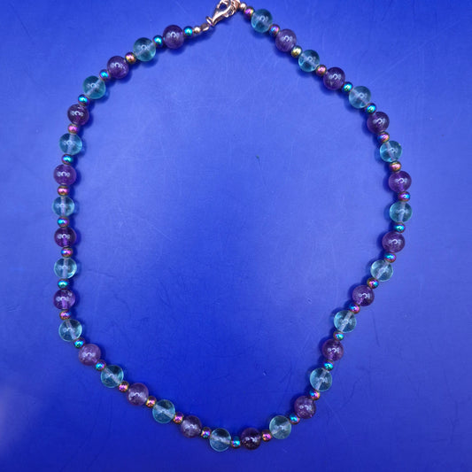 Vintage Kette mit Amethyst und Fluorit Perlen 925 Silber Verschluss