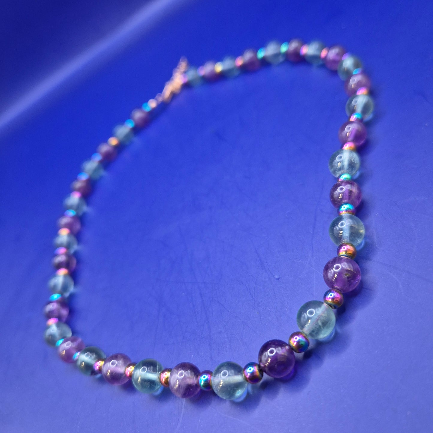 Vintage Kette mit Amethyst und Fluorit Perlen 925 Silber Verschluss