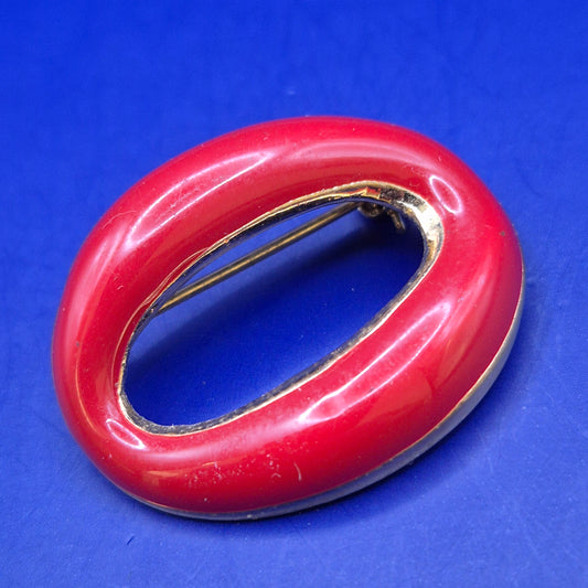 Vintage Emaille Brosche in O-Form Rot Goldfarben