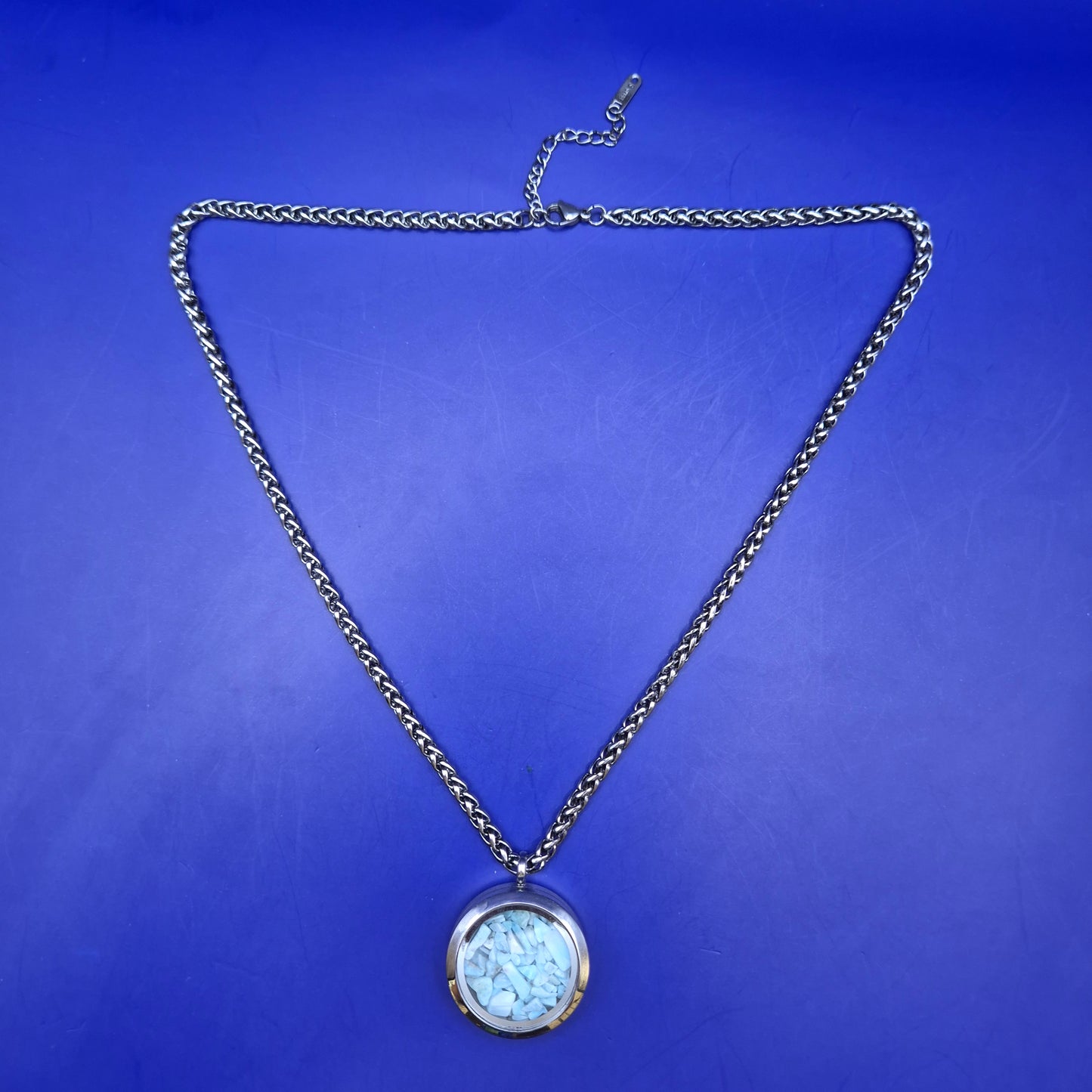 Vintage Edelstahl Kette mit Larimar Stein Anhänger