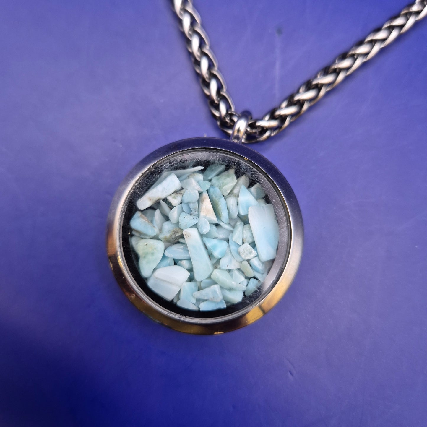 Vintage Edelstahl Kette mit Larimar Stein Anhänger