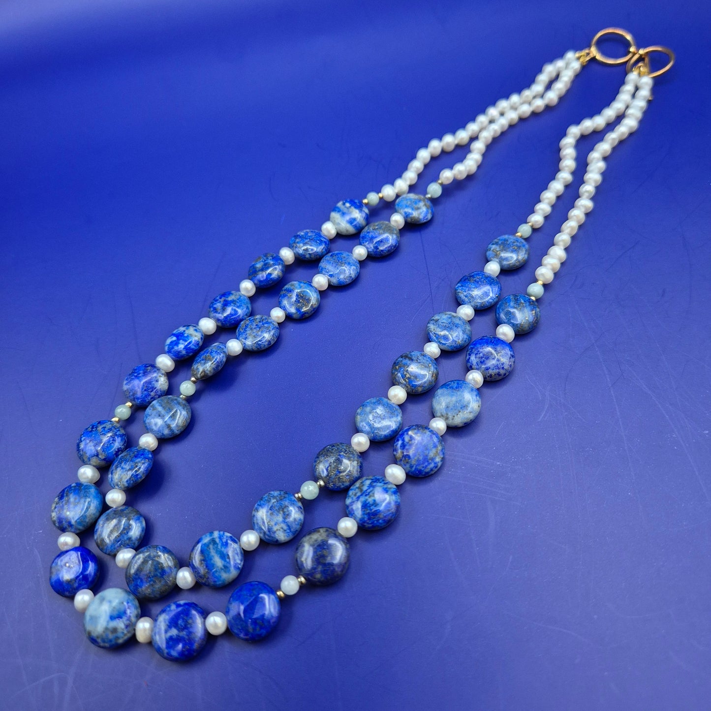 Elegante Vintage Lapislazuli und Perlen Doppelketten Halskette