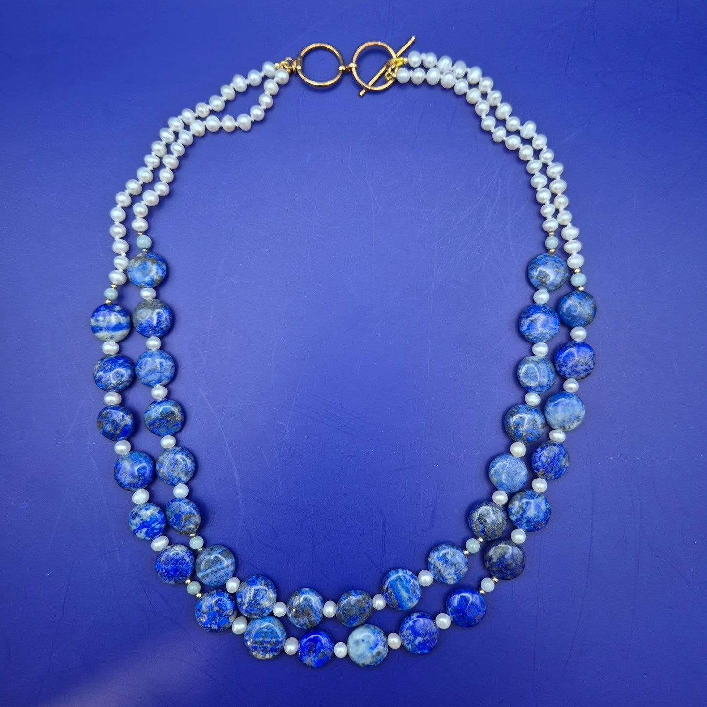 Elegante Vintage Lapislazuli und Perlen Doppelketten Halskette
