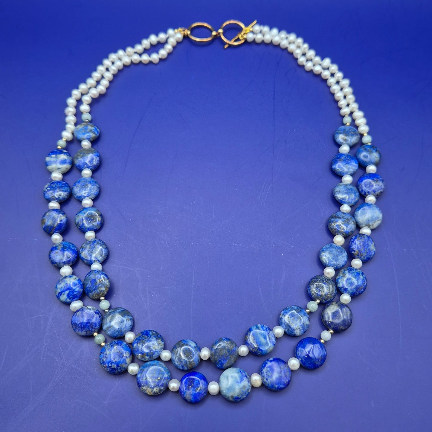 Elegante Vintage Lapislazuli und Perlen Doppelketten Halskette